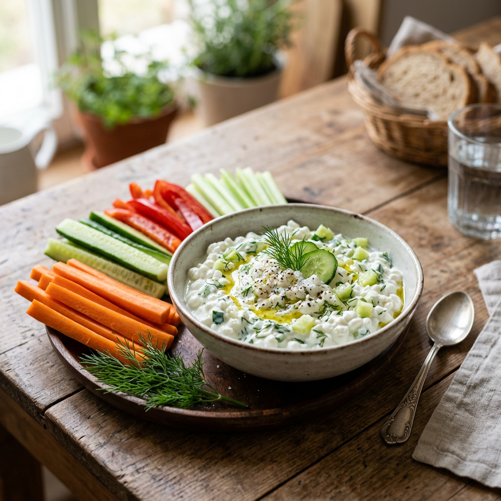 Plate with carrot, cucumber, celery, and red pepper sticks alongside bowl of cottage cheese dip with herbs