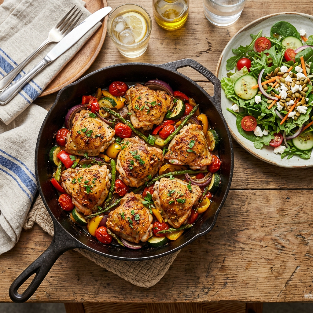Cast iron skillet with roasted chicken thighs and mixed vegetables