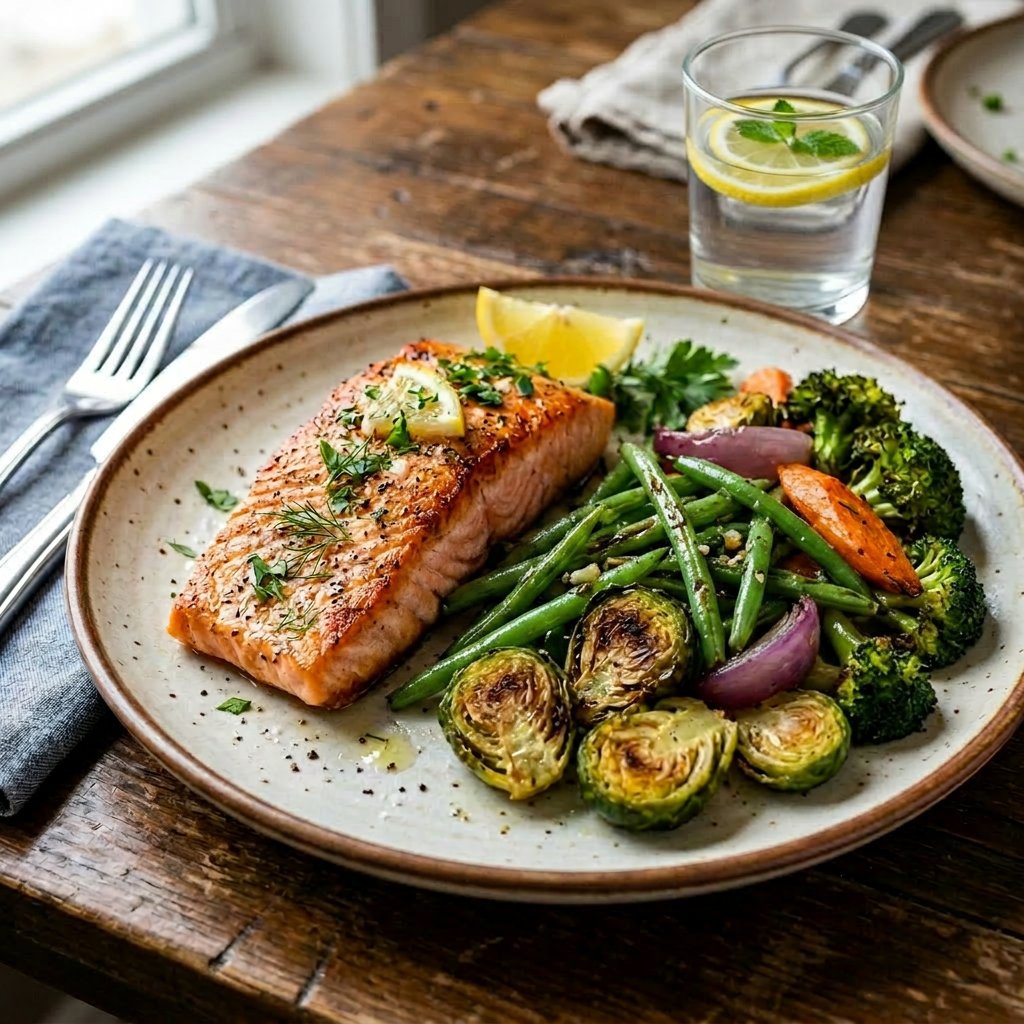 Grilled salmon fillet garnished with lemon and herbs, served with roasted Brussels sprouts, carrots, sweet potatoes, red onion, and broccoli on a ceramic plate.