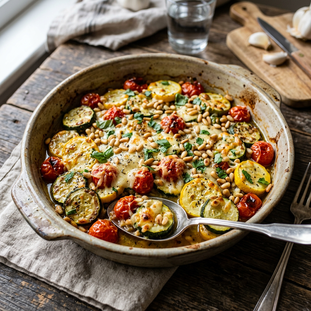 Baked zucchini, yellow squash, cherry tomatoes, melted cheese, pine nuts, and herbs in a round ceramic dish