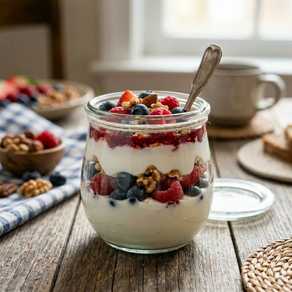 Mason jar with yogurt, blueberries, raspberries, granola, and nuts