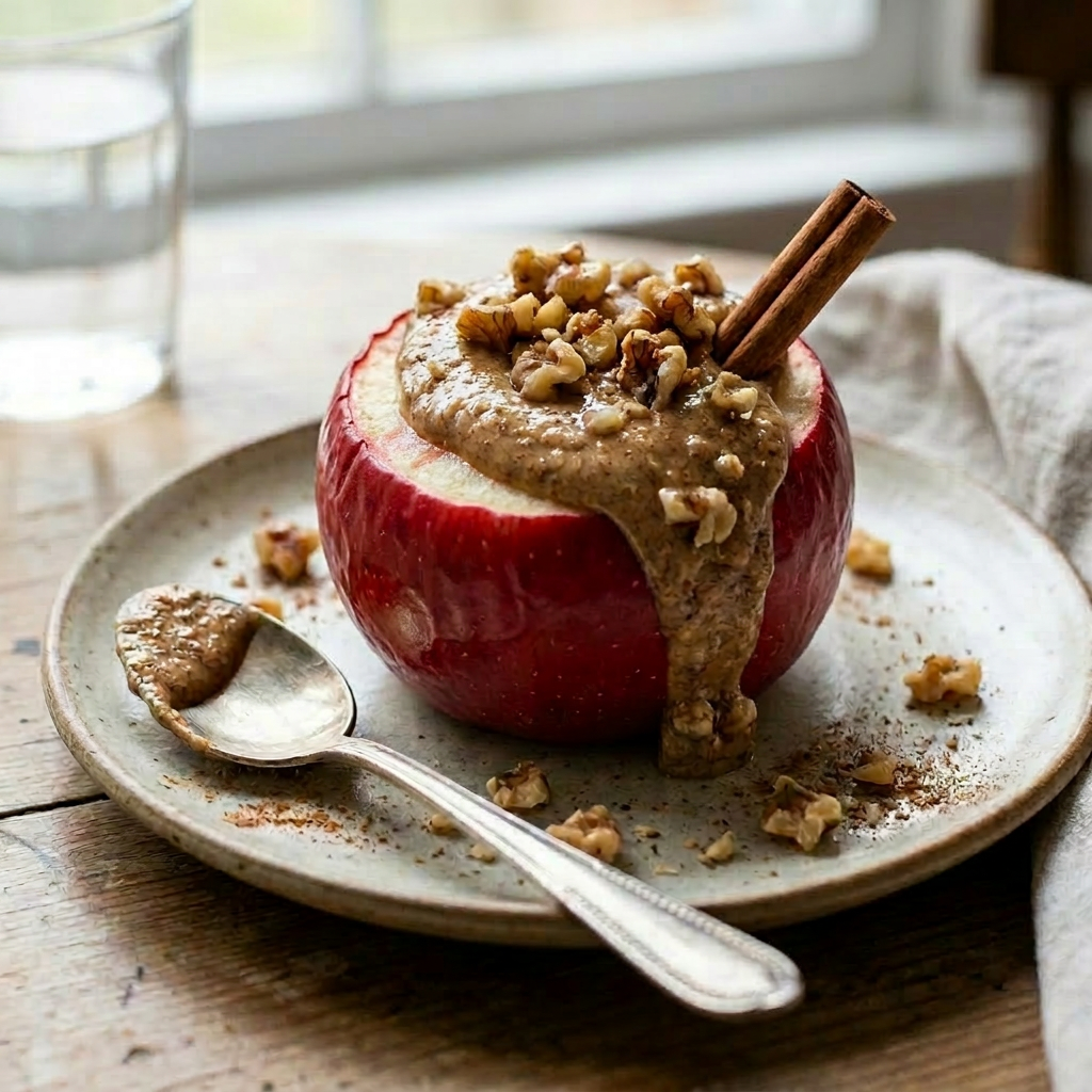 Baked apple half topped with nut butter and chopped walnuts on a plate with a spoon