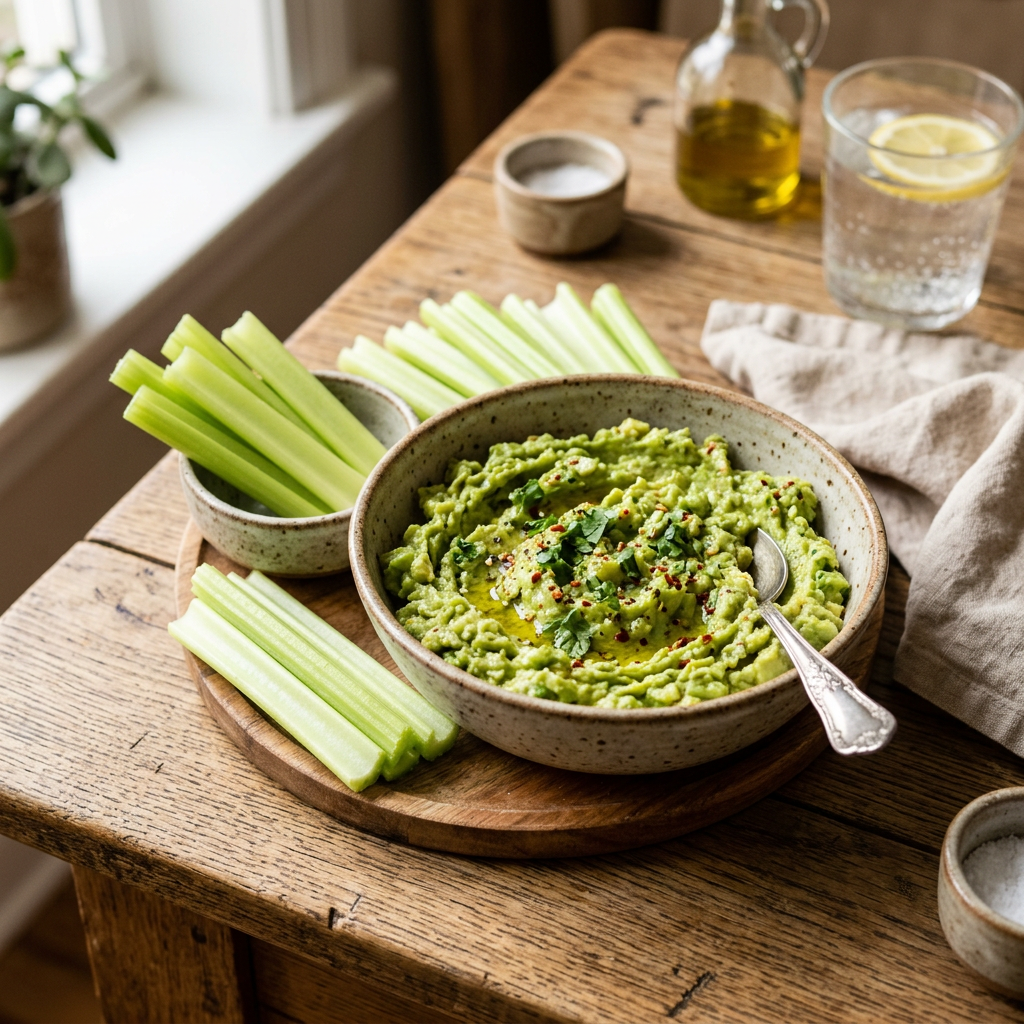 Creamy avocado dip garnished with herbs and chili flakes beside celery sticks on wooden table