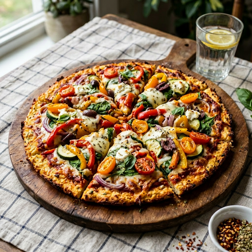 Vegetable pizza with tomatoes, olives, spinach, and melted cheese on wooden board